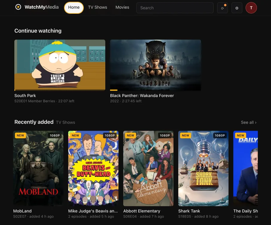 The WatchMyMedia home screen, with Continue watching and recently added shows.